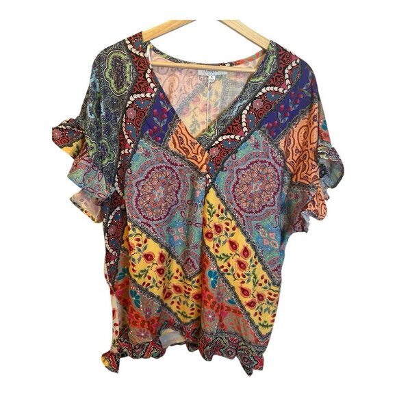 Umgee Mix Print Top Ruffled Short Sleeves XL Mango Mix V-Neck Boho Side Slits - Picture 4 of 9
